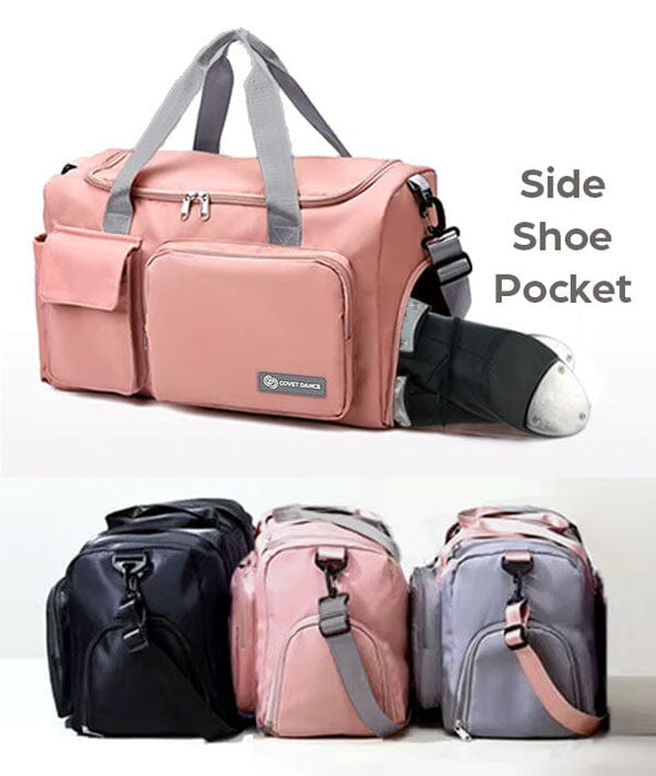 Pink duffel bag with side shoe pocket and three other bags displayed below on a white background.