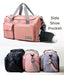 Pink duffel bag with side shoe pocket and three other bags displayed below on a white background.