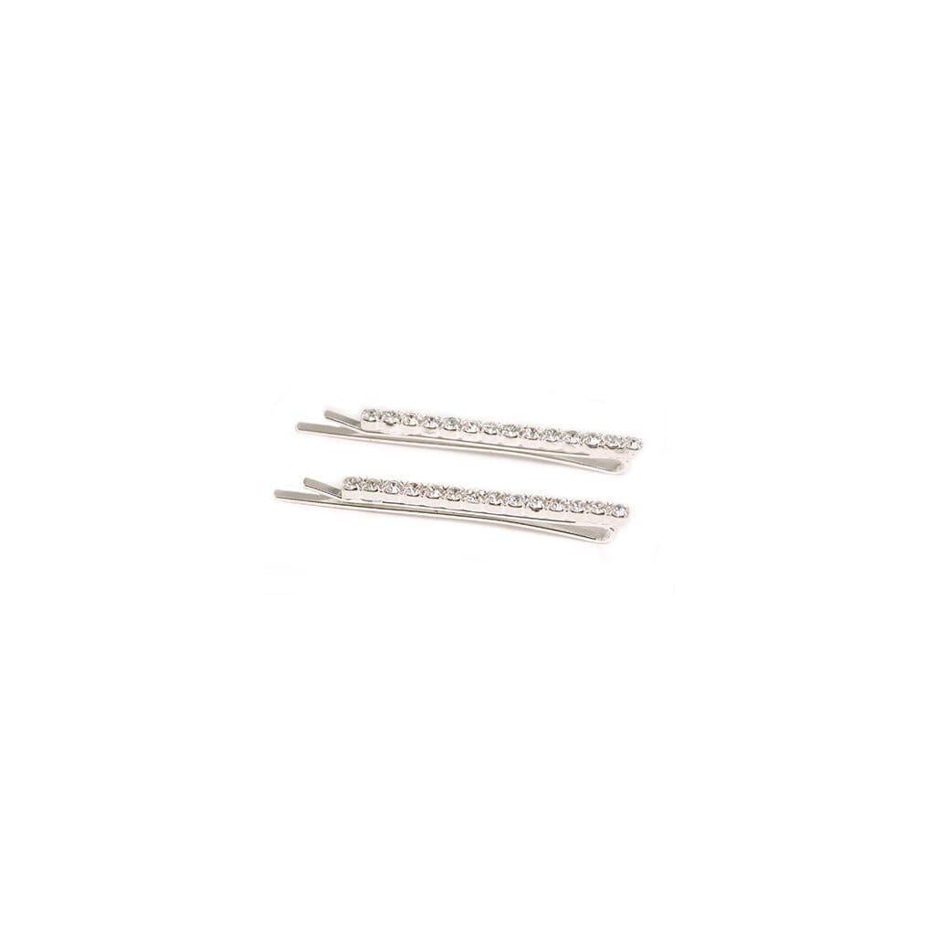 Three silver hair pins with clear crystals on a white background