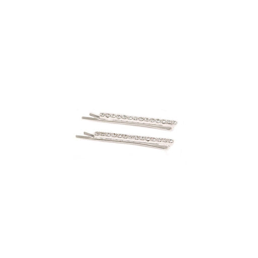 Three silver hair pins with clear crystals on a white background