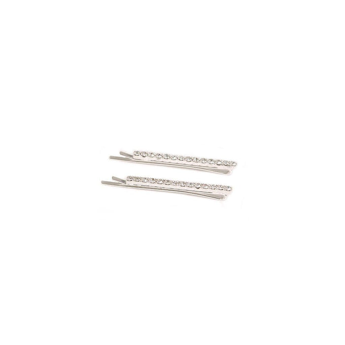 Three silver hair pins with clear crystals on a white background