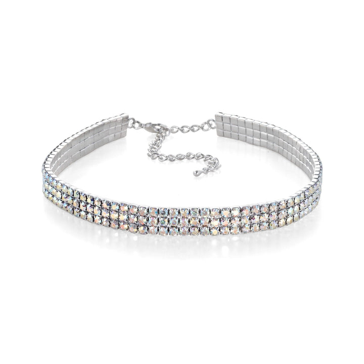 Silver choker necklace with clear stones on a white background