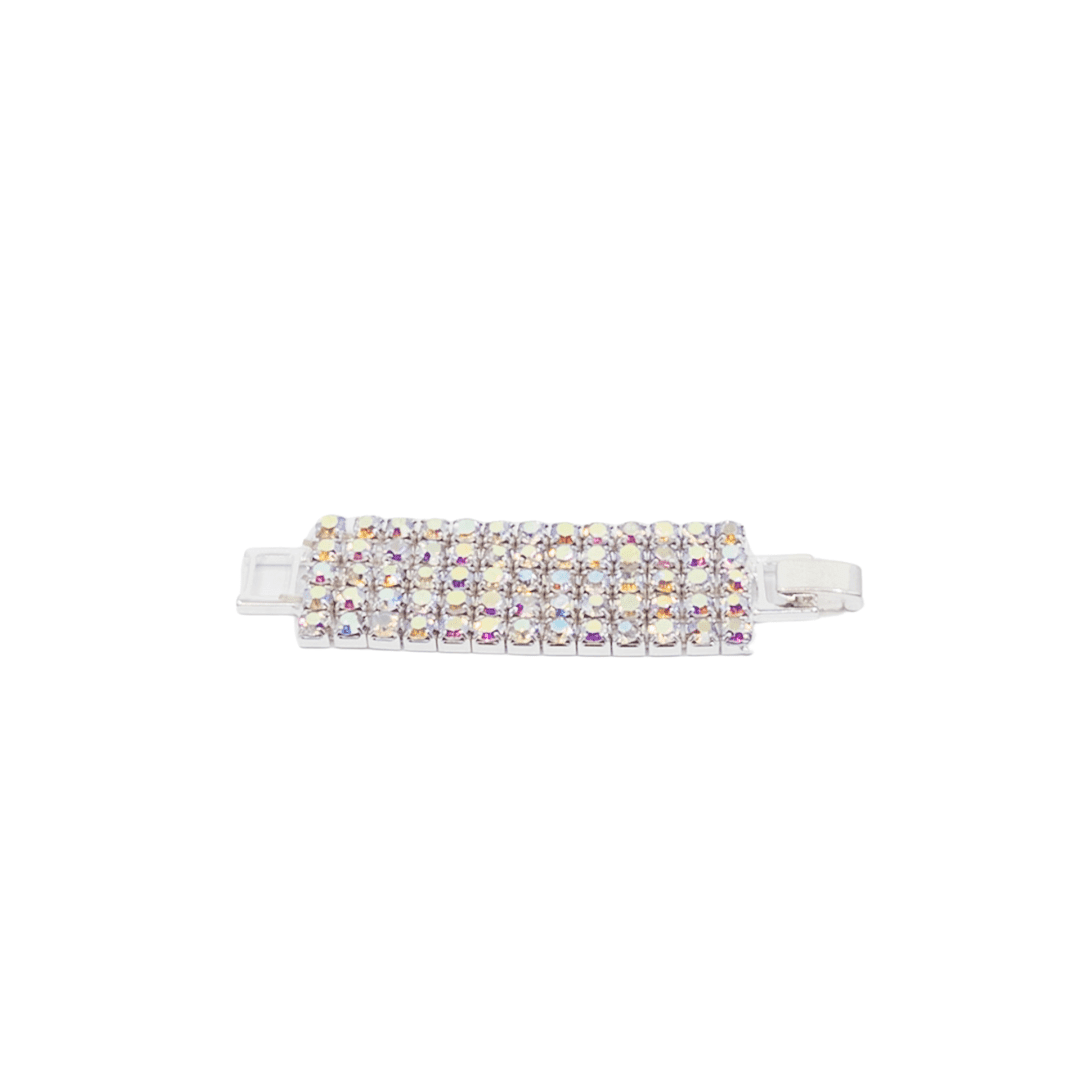 Silver hair clip with colorful crystals on a white background