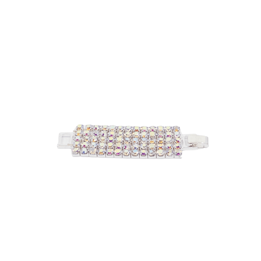 Silver hair clip with colorful crystals on a white background