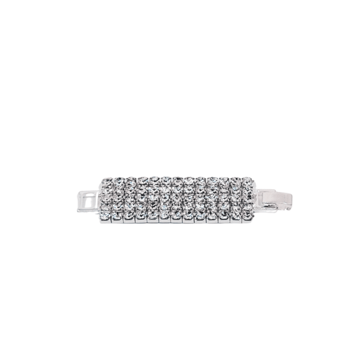 Silver hair clip with clear crystals on a white background
