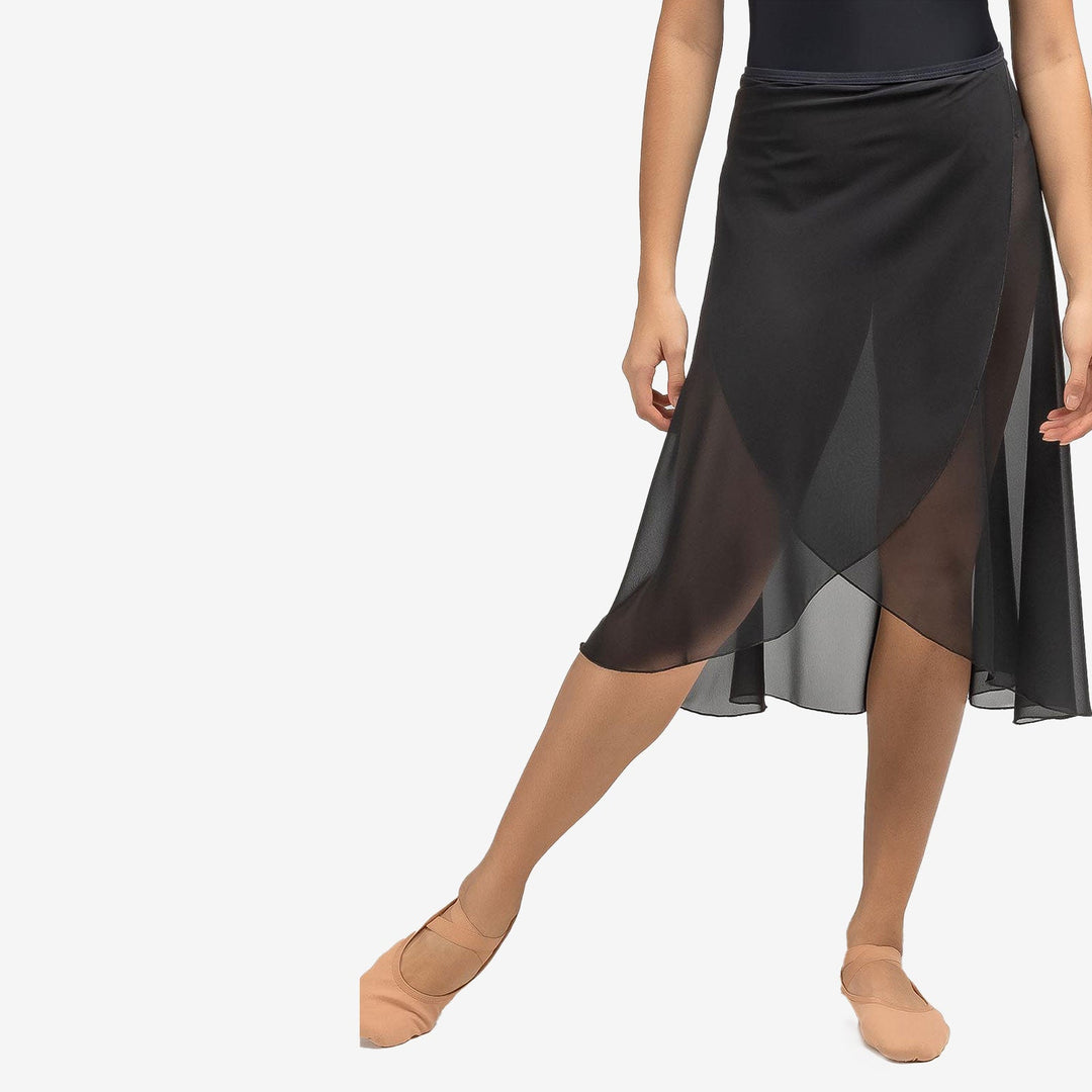Black sheer skirt worn by a model on a white background
