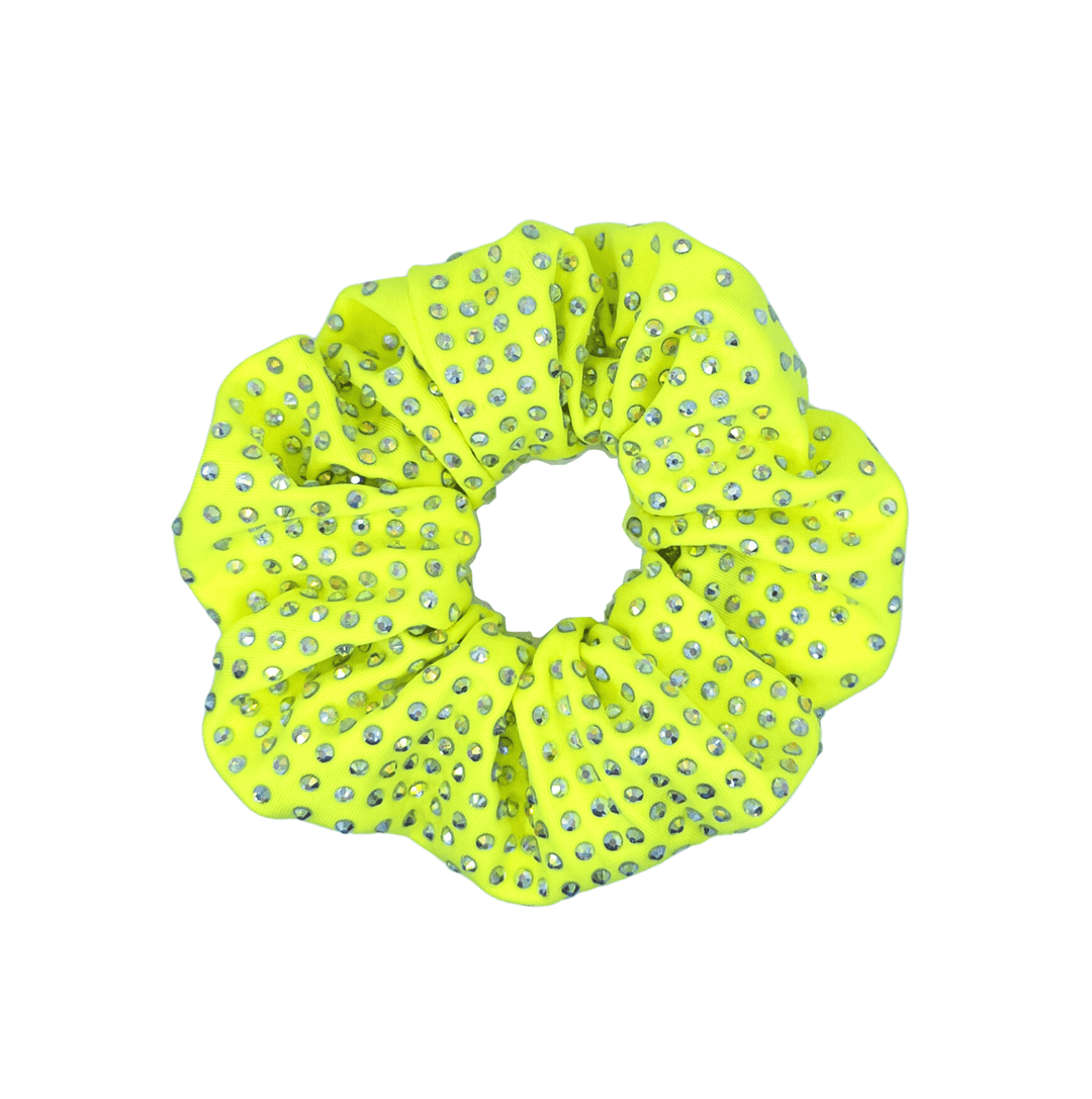 Neon green scrunchie with rhinestone embellishments on a white background