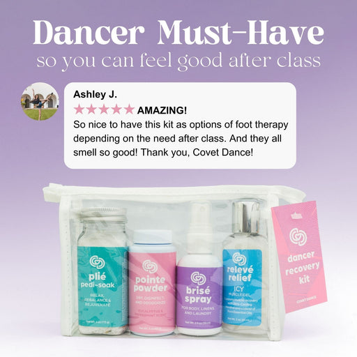 Dancer recovery kit with bottles and packaging on a purple background