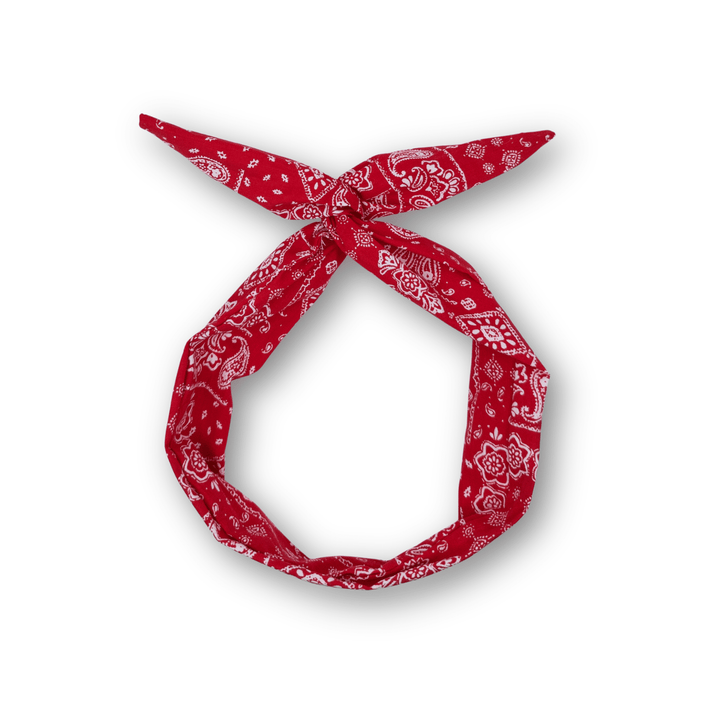 Red bandana with white patterns on a white background