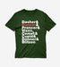 Green t-shirt with Christmas-themed text on a white background