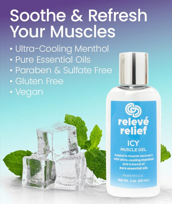 Bottle of relevé relief ICY Muscle Gel with ice cubes and mint leaves on a light blue background
