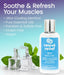 Bottle of relevé relief ICY Muscle Gel with ice cubes and mint leaves on a light blue background