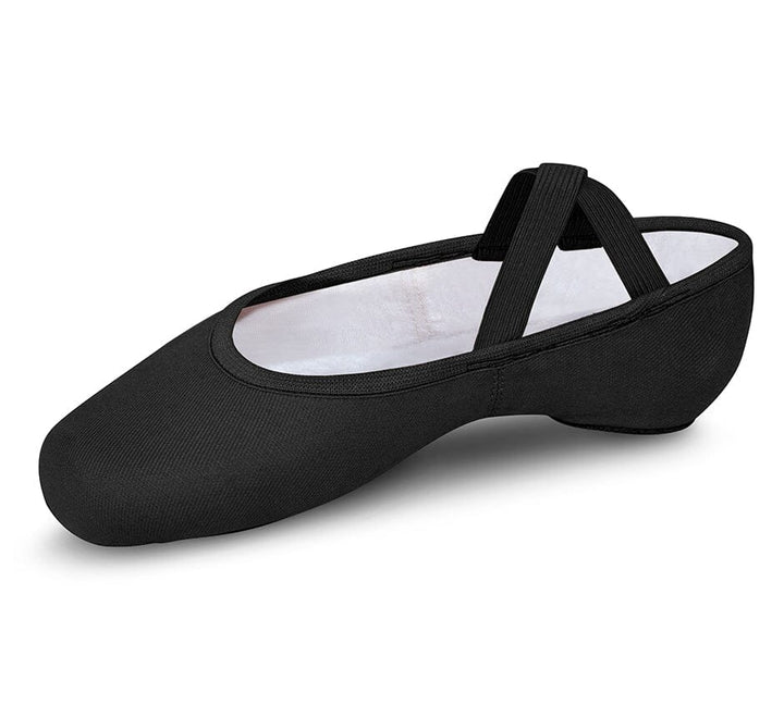 Black ballet shoe with white sole on a white background