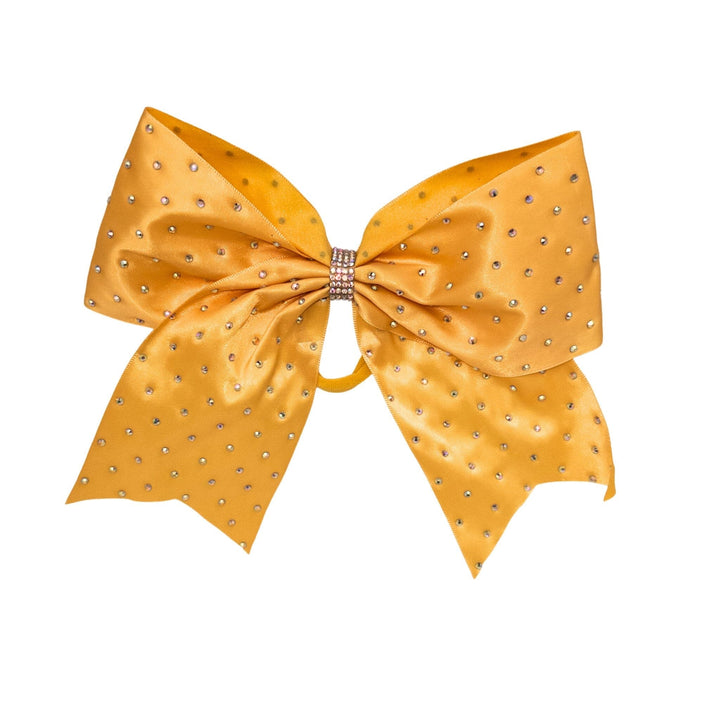 Yellow bow with rhinestone embellishments on a white background