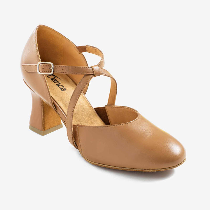 Caramel dance shoe with a block heel on a white background