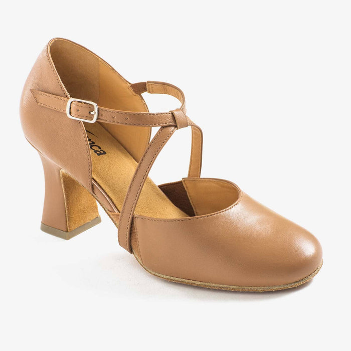 Caramel dance shoe with a block heel on a white background