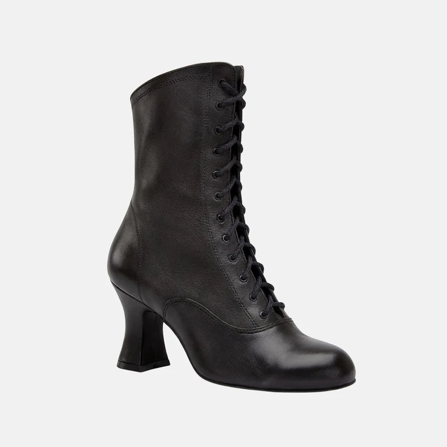 A single black leather lace-up ankle boot with a mid-height block heel and rounded toe, shown from a three-quarters angle on a white background.