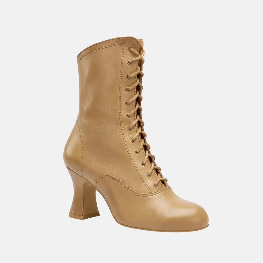 A tan leather lace-up ankle boot with a mid-height block heel, shown from a three-quarters angle on a white background.
