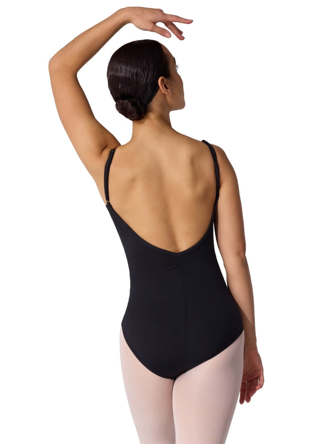 Model in black camisole leotard back view