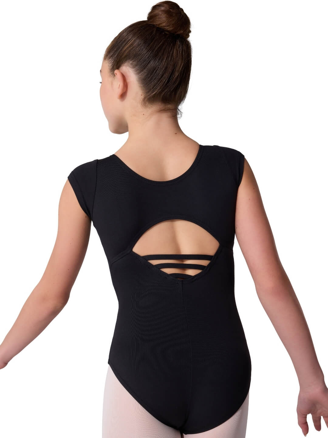 Black leotard with cut-out design on a white background