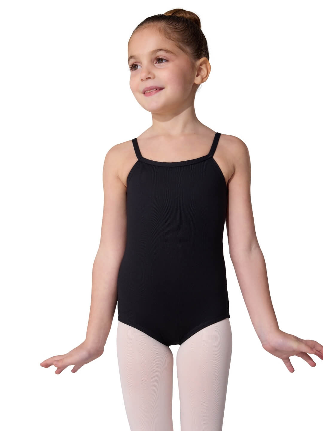 Young girl wearing a black leotard on a white background