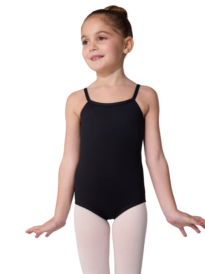 Young girl wearing a black leotard on a white background