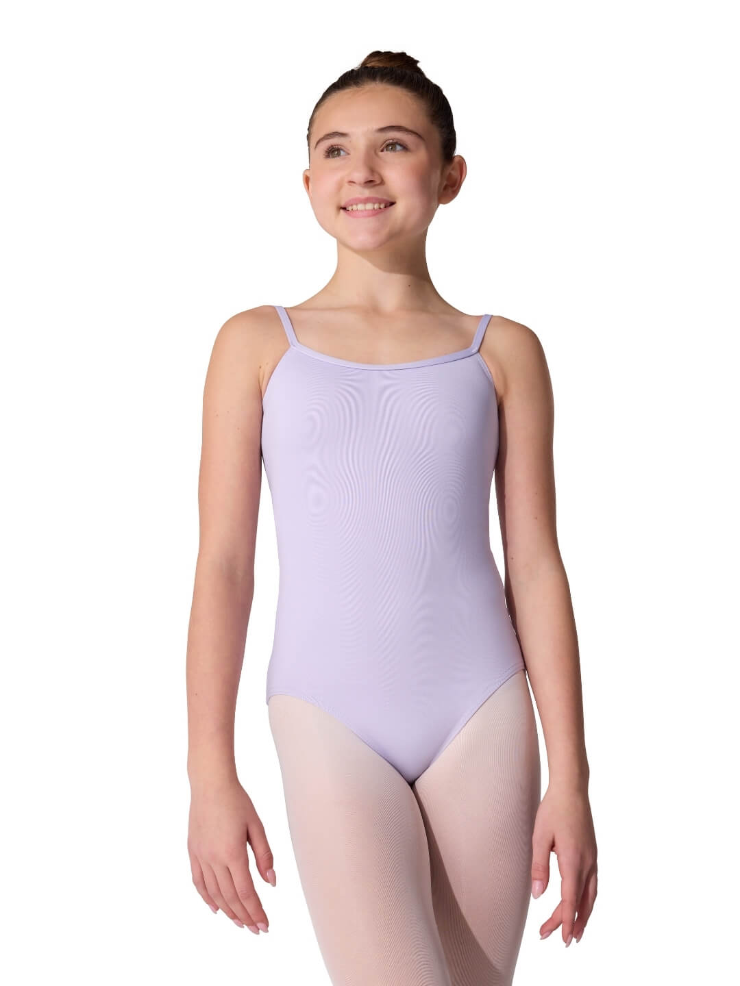Young girl wearing a lavender leotard on a white background
