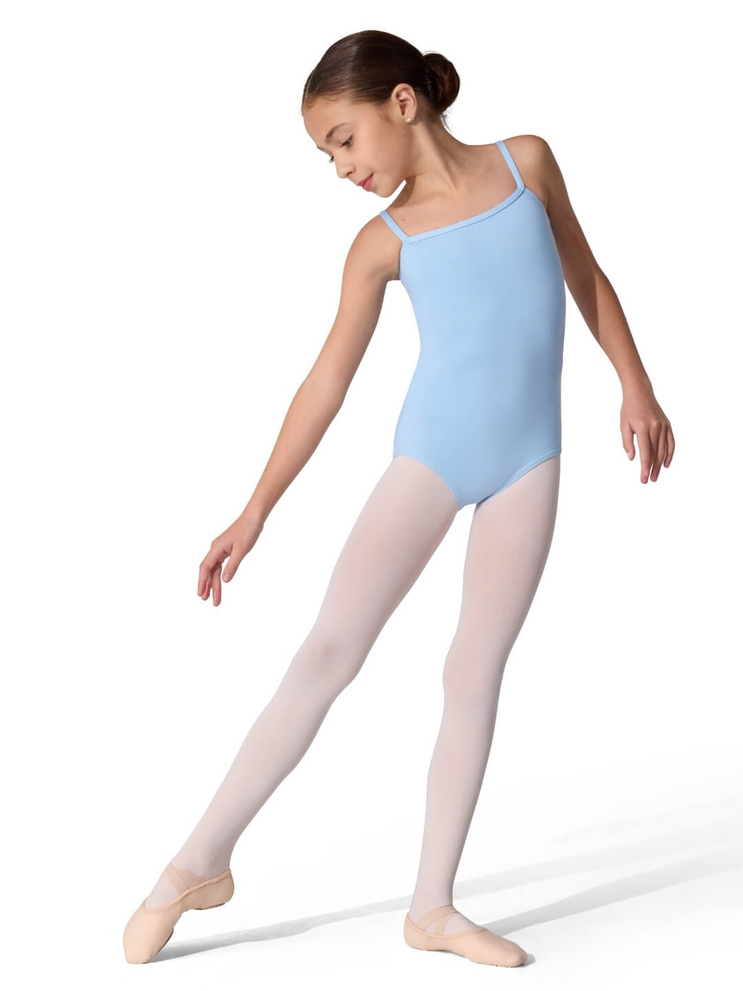 Ballerina in a light blue leotard and white tights on a white background