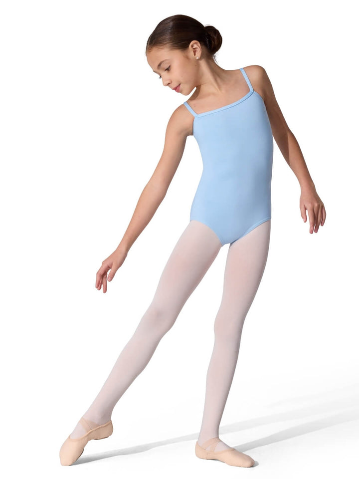 Ballerina in a light blue leotard and white tights on a white background