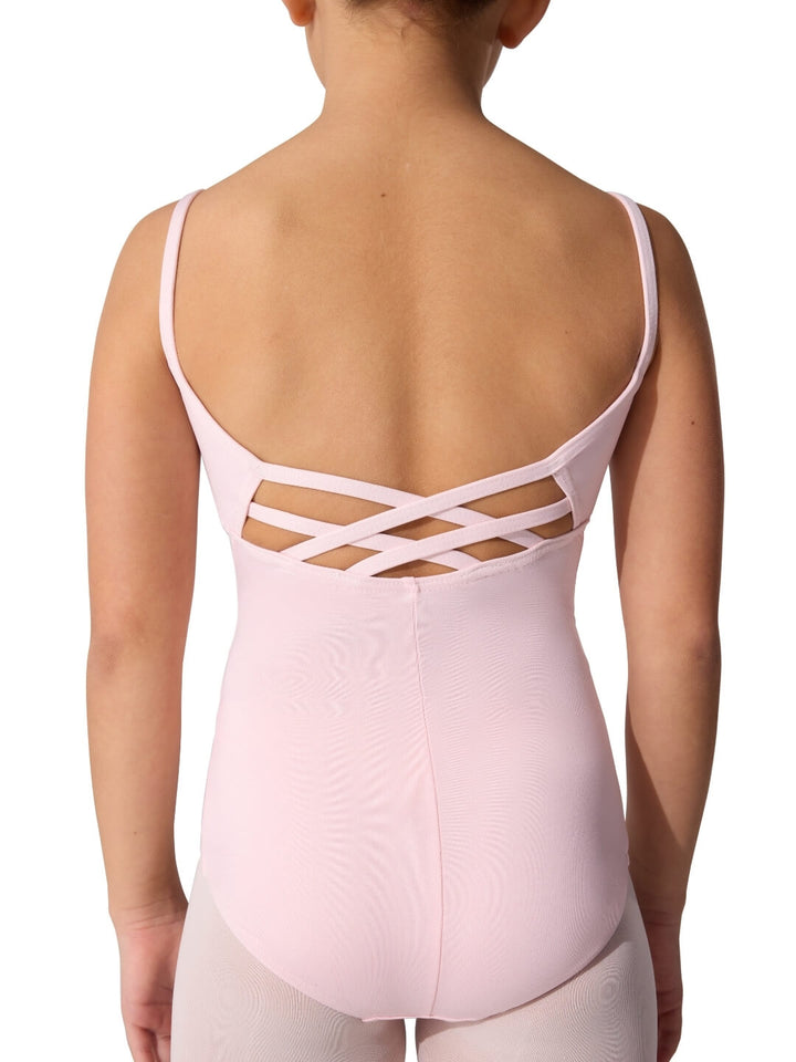Pink leotard with criss-cross back design on a white background