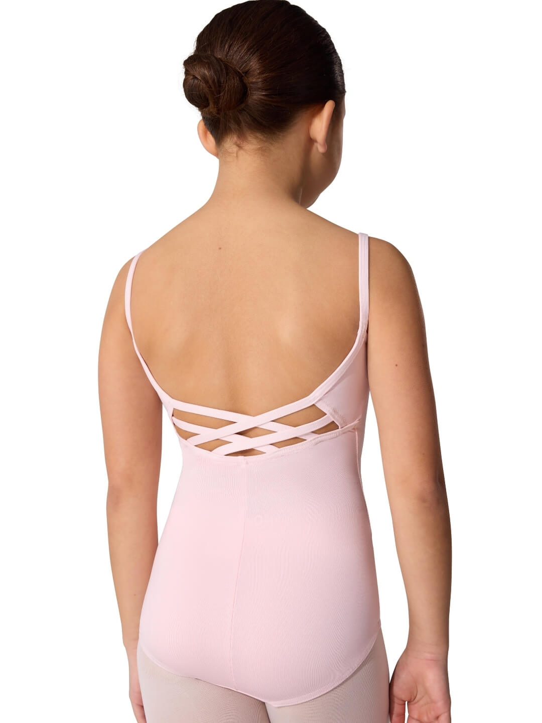Woman wearing a pink leotard with criss-cross back design on a white background