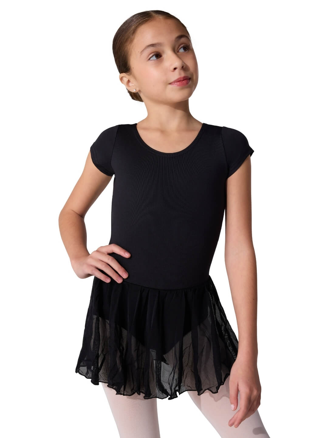 Young girl wearing a black舞蹈 dress on a white background