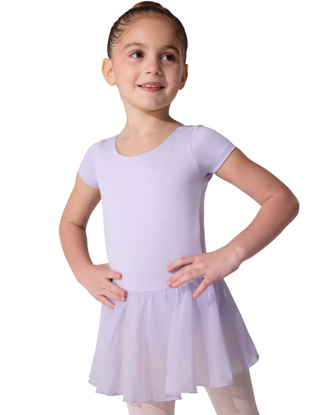 Young girl wearing a light purple dress on a white background