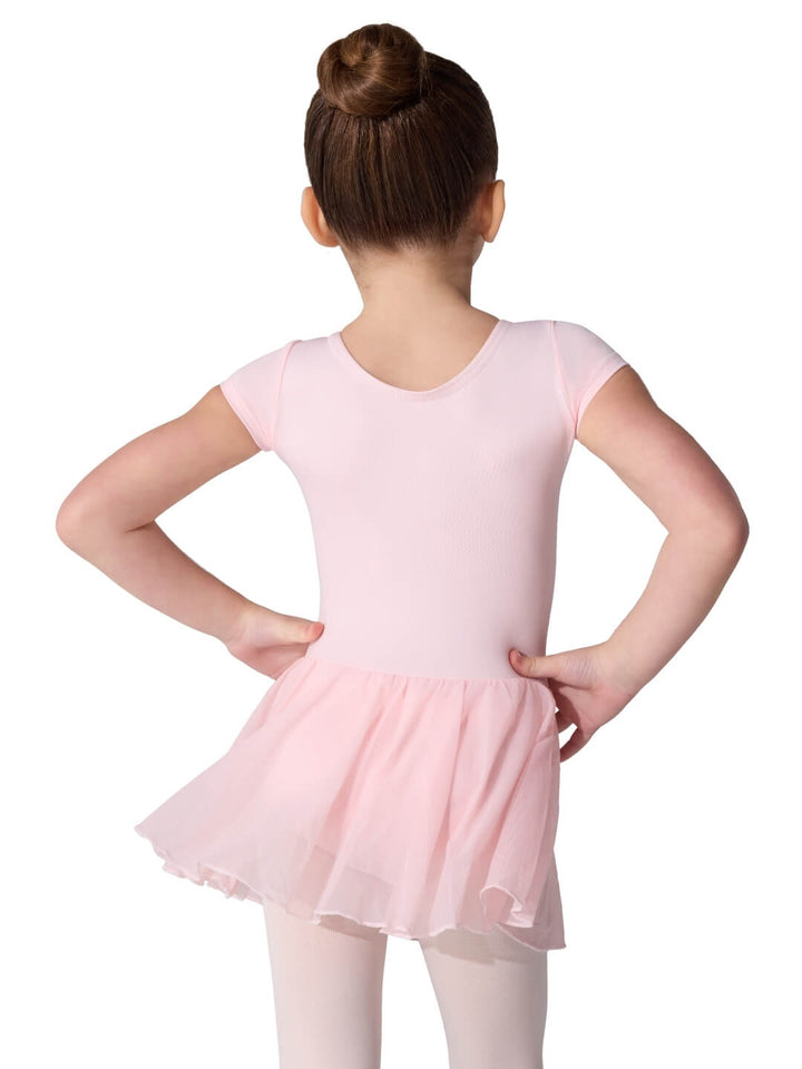 Young girl wearing a pink ballet dress on a white background