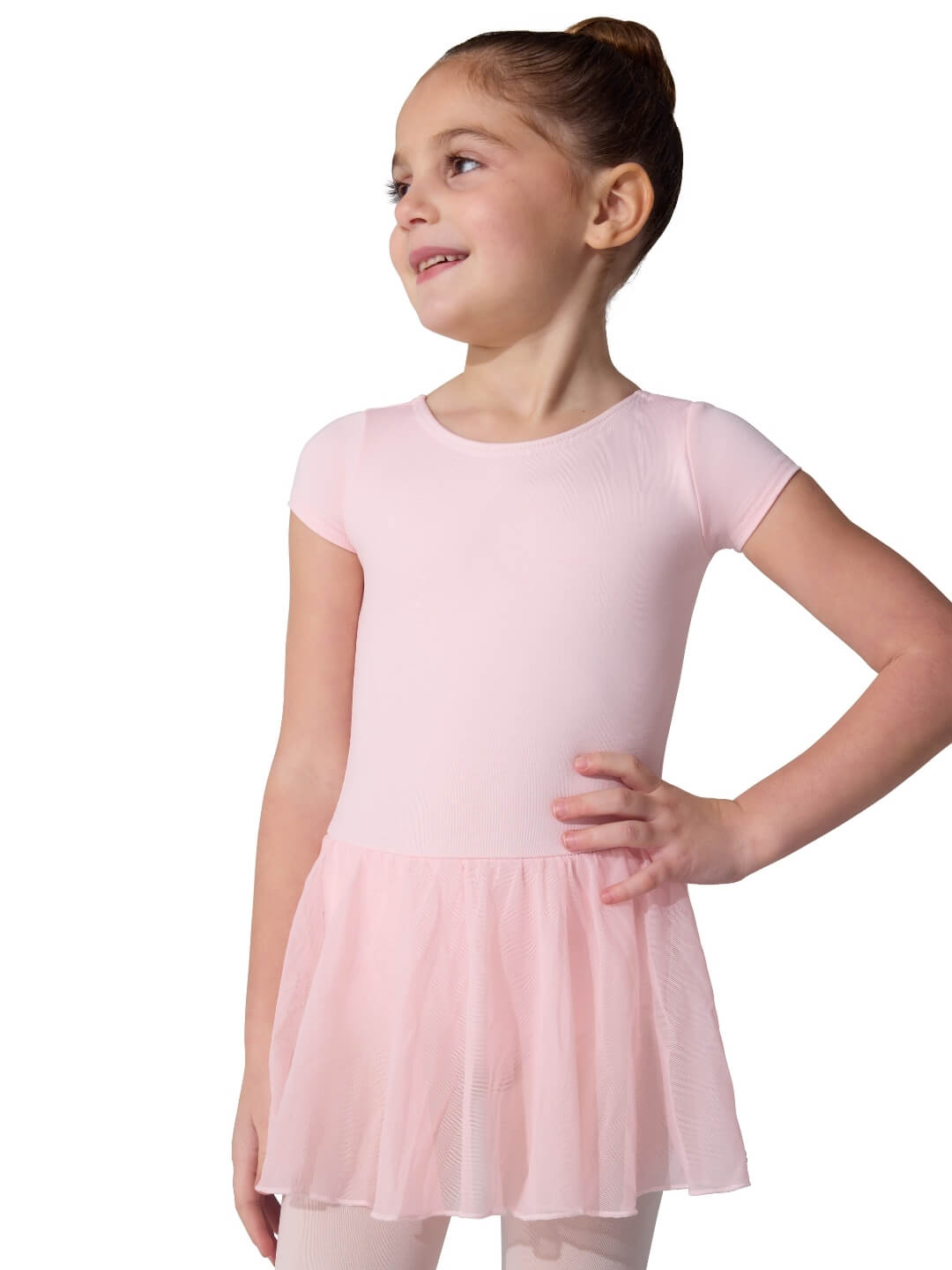 Young girl wearing a pink dress on a white background
