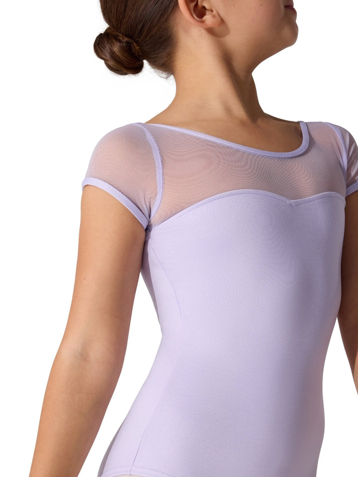 White leotard with sheer sleeves worn by a model on a white background