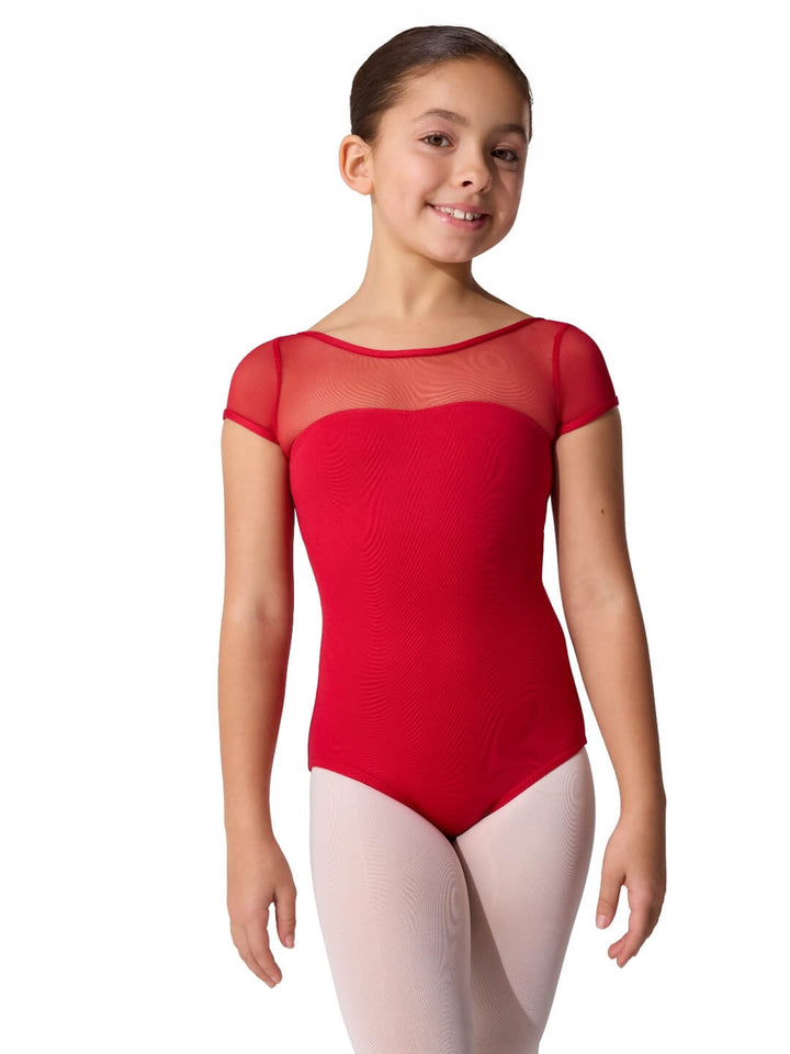 Young girl wearing a red ballet leotard on a white background