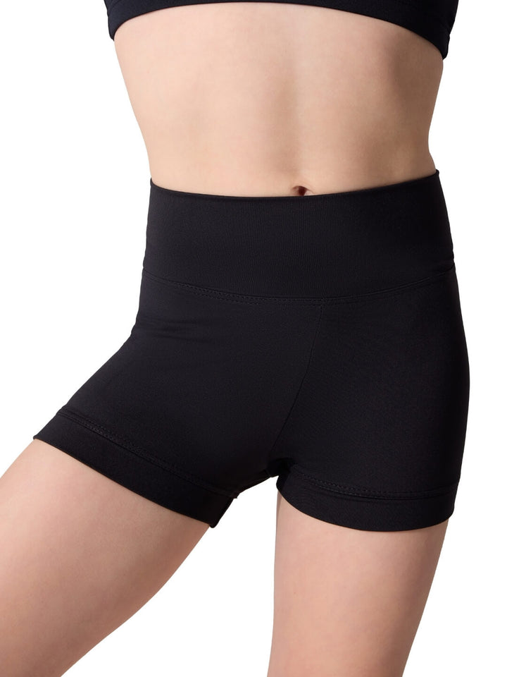 Black shorts worn by a person on a white background