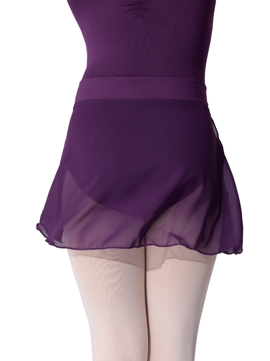 Purple leotard with a skirt worn by a person on a white background