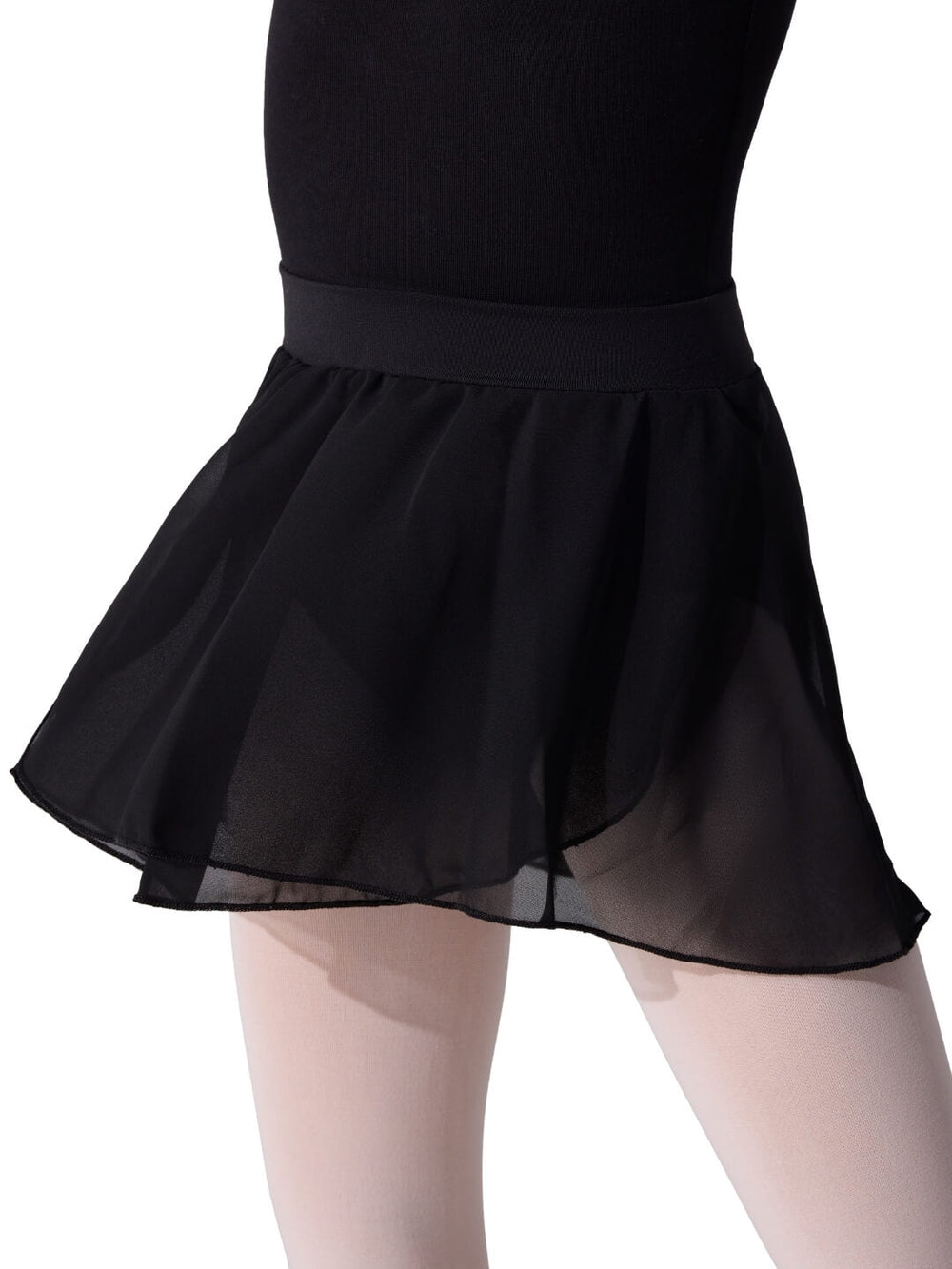 Black skirt worn over a black leotard on a white background