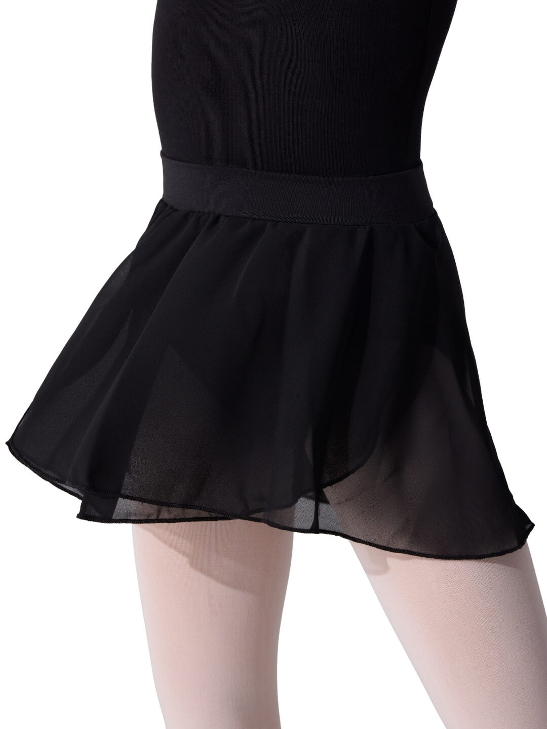 Black skirt worn over a black leotard on a white background