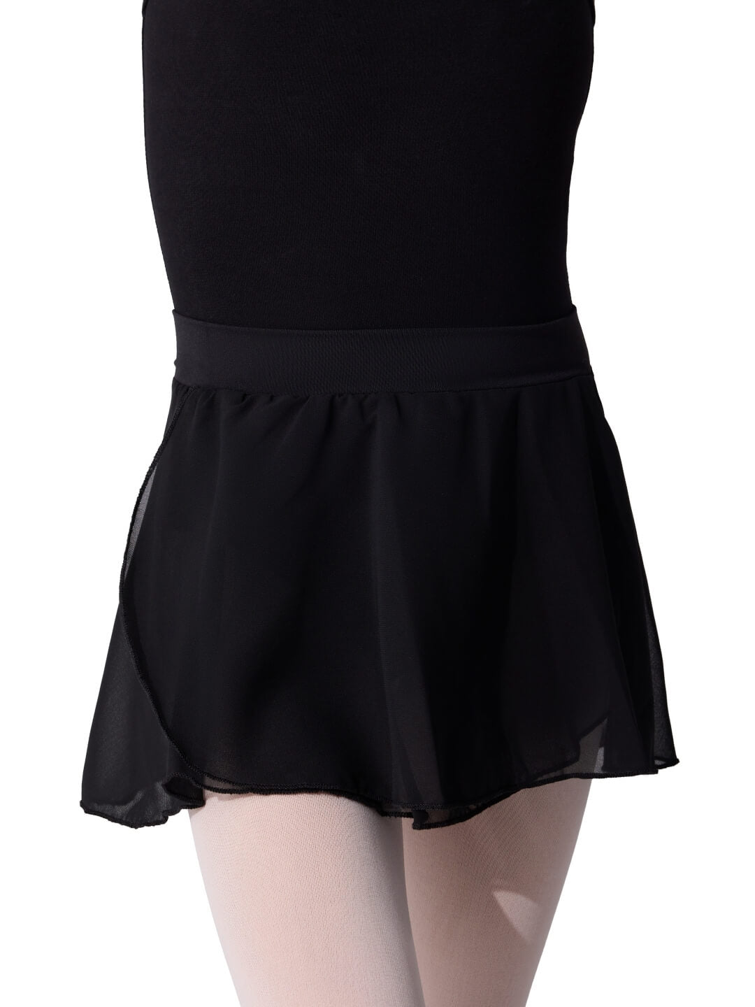 Black skirt worn over a black leotard on a white background