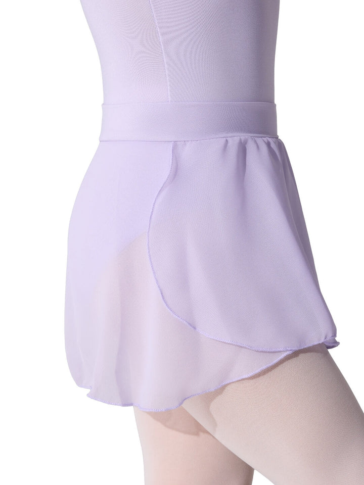 Lavender leotard with skirt worn by a person on a white background