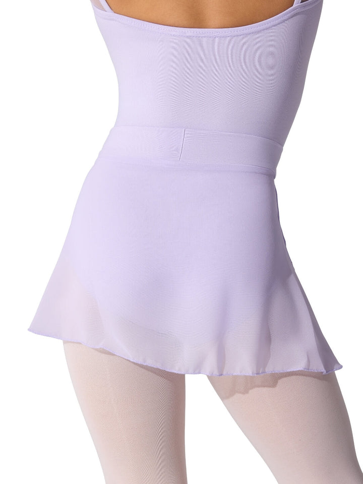 Lavender leotard with skirt worn by a person on a white background