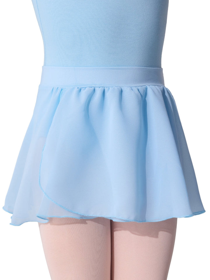 Light blue skirt worn over a plain background