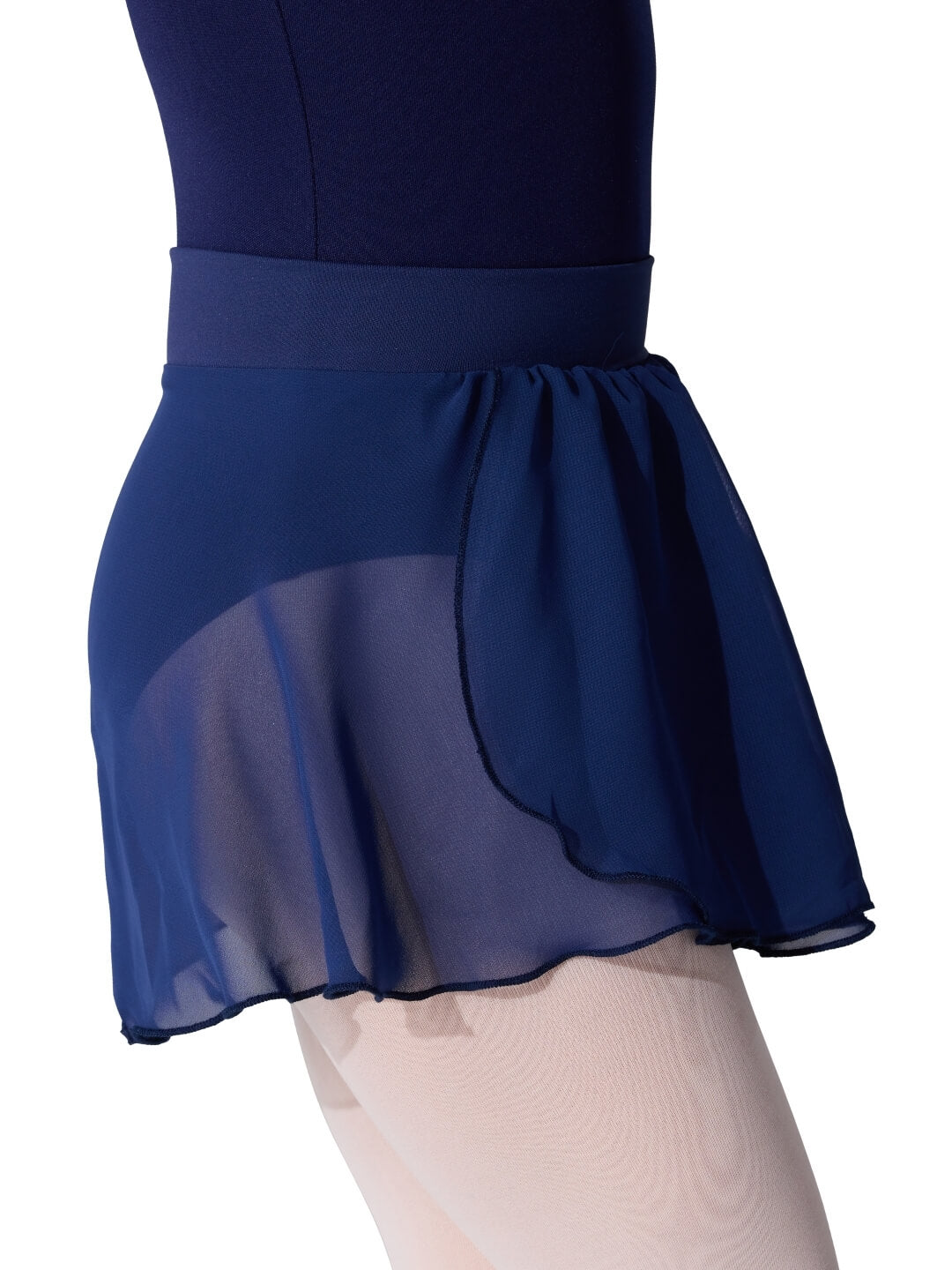 Navy blue leotard with a sheer skirt on a white background