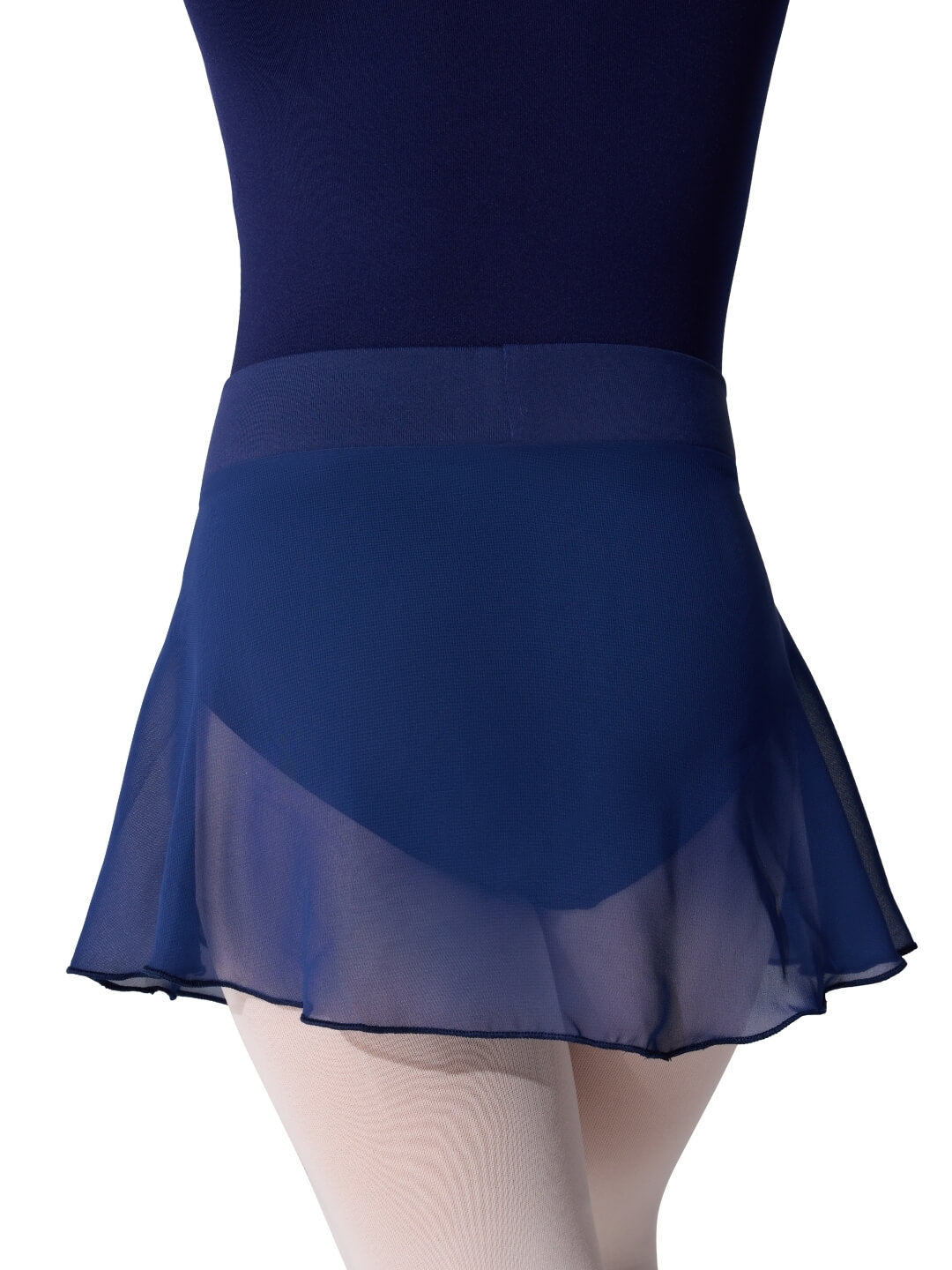 Navy blue leotard with a sheer skirt on a white background