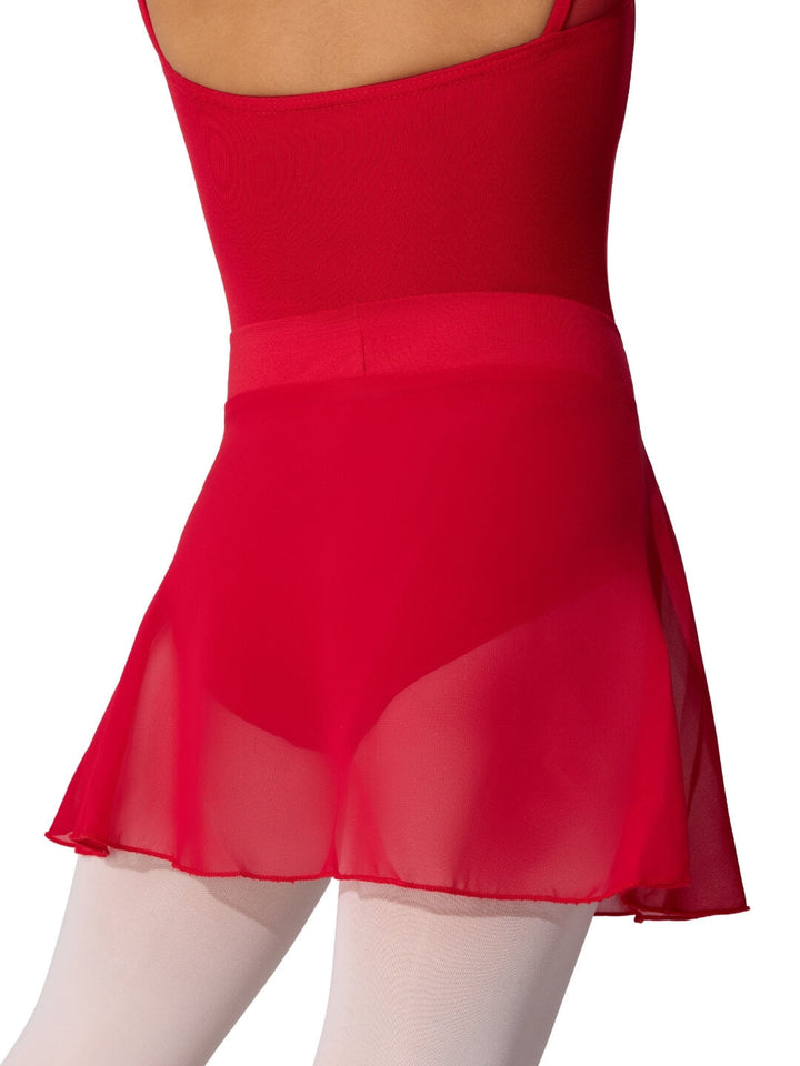 Red dress with a sheer overlay on a white background
