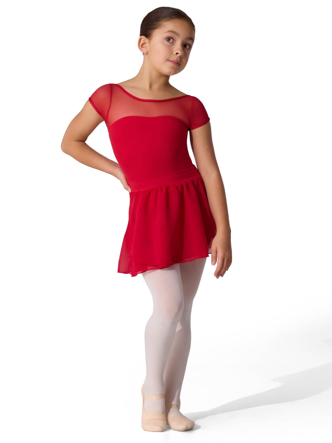 Young girl in a red ballet dress on a white background