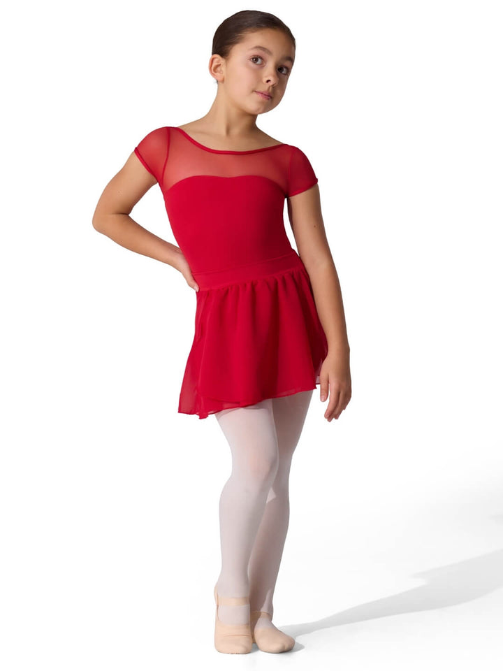Young girl in a red ballet dress on a white background